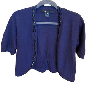 Marc Jacobs navy cropped open front sweater w/ black jewel detail. Bow on back